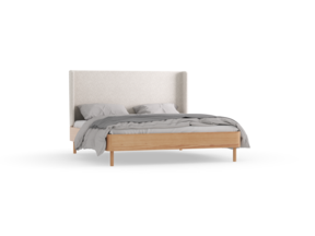 Bett Tonda, mit hohem Polsterbetthaupt, 180 x 200, Wollstoff Tano Natur Hell (80), Buche