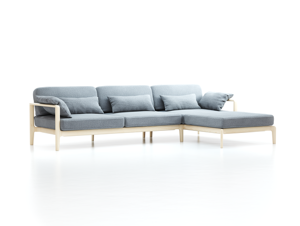 Loungesofa Linera, breit mit Liegeteil rechts, Wollstoff Kaland Kiesel (68), Esche