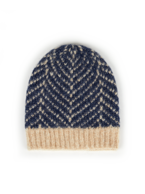 Strickmütze aus Alpakawolle und Bio-Baumwolle, strick fischgrat blau/weiß