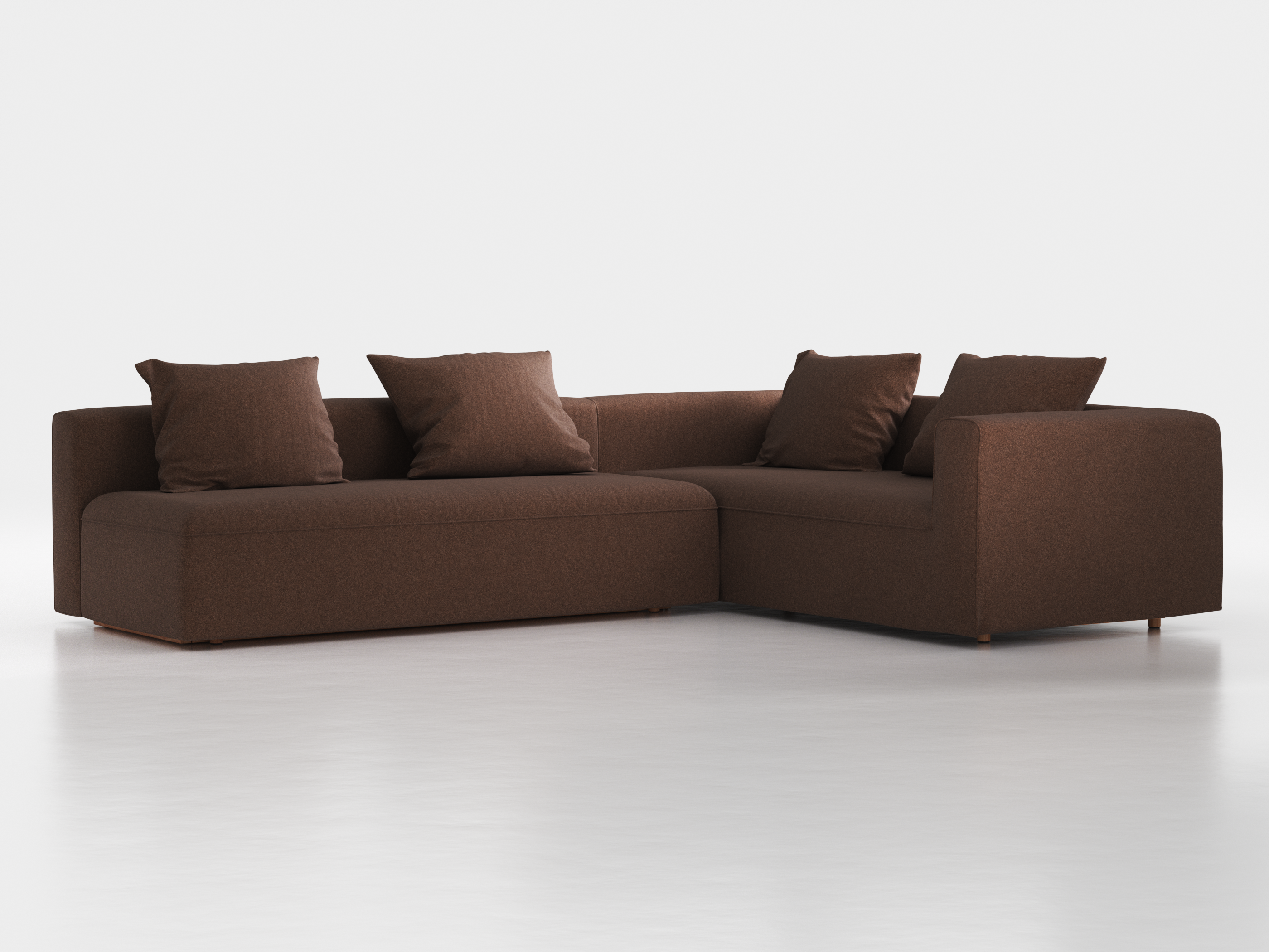 Ecksofa Sereno mit Schlaffunktion inkl. 4 Kissen (70x55 cm), B 300 x T 235 cm, Bodennah, Eckteil rechts, mit Bezug Wollstoff Stavang Torf (64), Buche